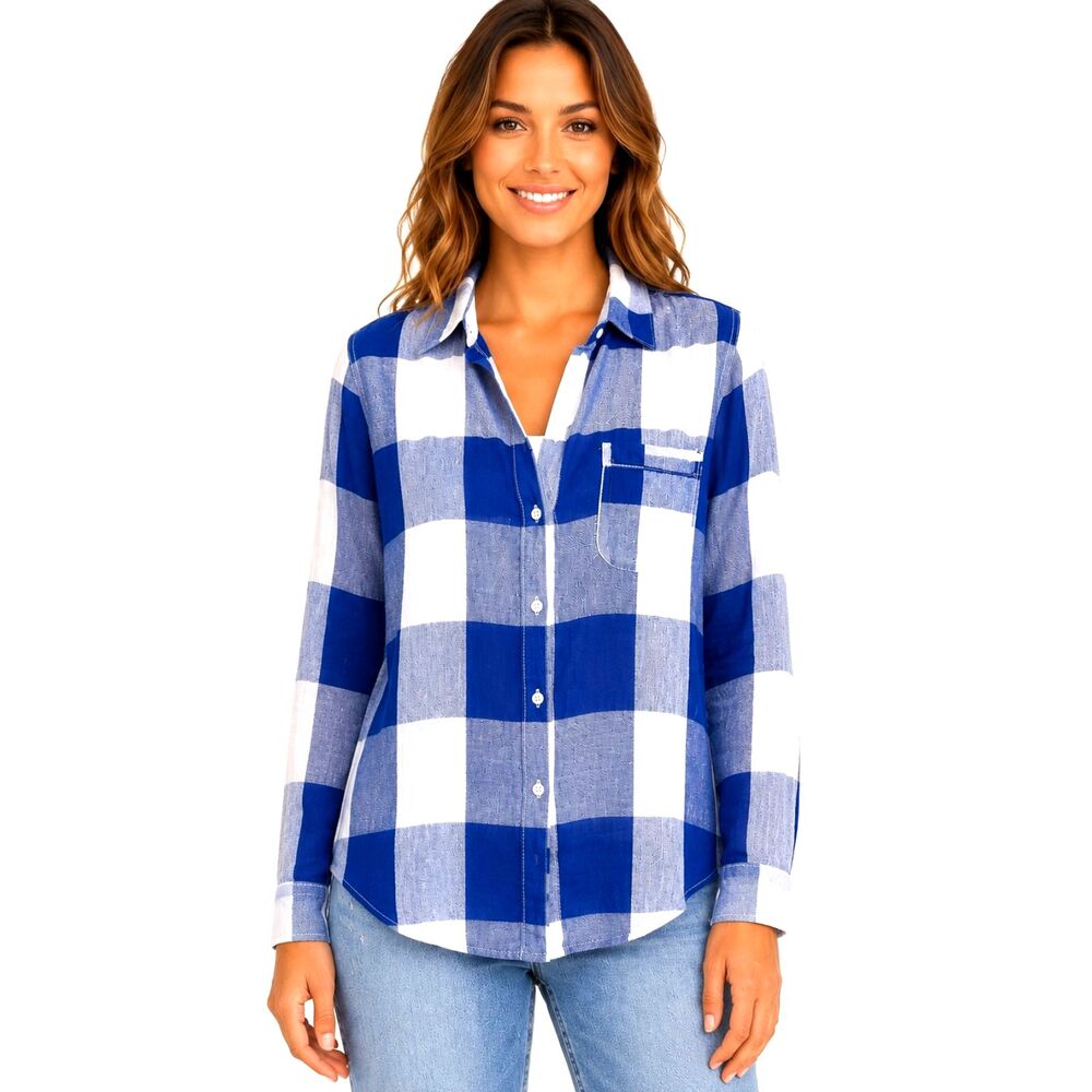 Old Navy Blue White Plaid Button Down Shirt 100% Cotton Lightweight Size L